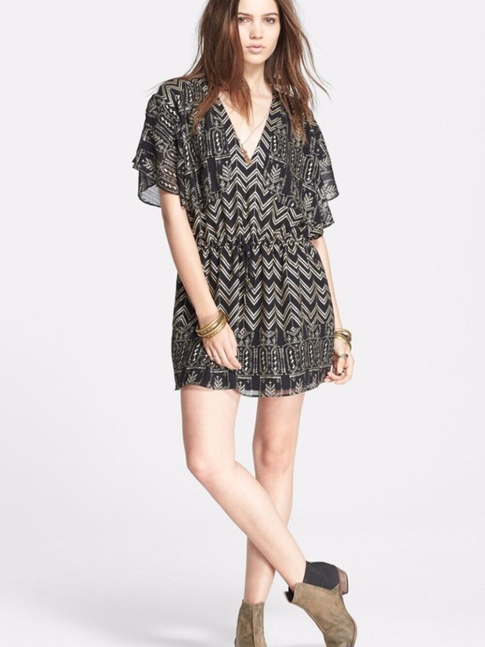 Free People Love My Chaos mini dress black metallic gold shift flutter X-Small
